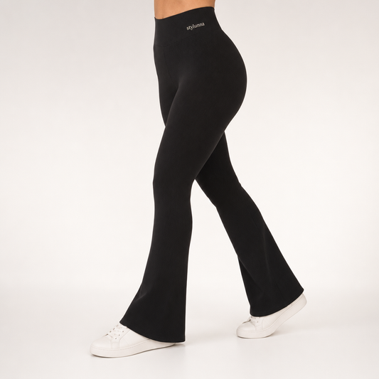 Stylunna Flare Leggings (High-Waist) — Soft Onyx — Front close-up